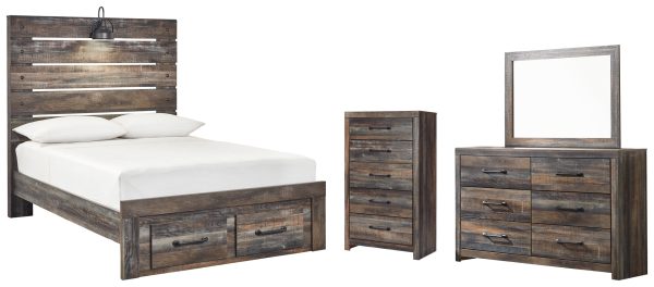 Drystan Full Panel Bed with 2 Storage Drawers with Mirrored Dresser and Chest For Sale